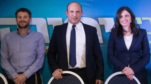Naftali Bennett, Ayelet Shaked and Bezalel Smotrich of Israel's right-wing Yamina Party hold a press conference in Jerusalem on May 14, 2020. Photo by Yonatan Sindel/Flash90.