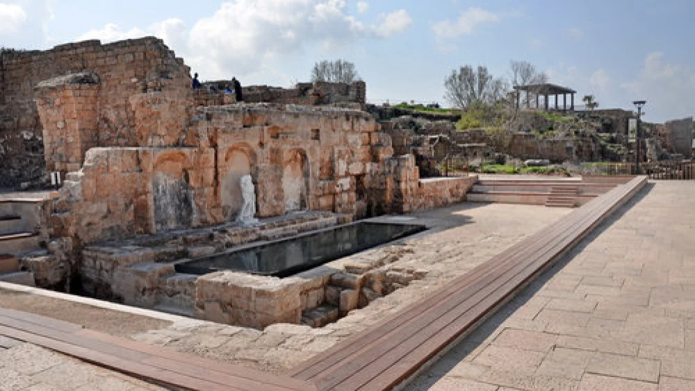 Caesarea National Park’s newly restored Roman fountain, which was originally built in the corner of the platform of King Herod’s former temple in the 1st century A.D. Credit: Israel Antiquities Authority.