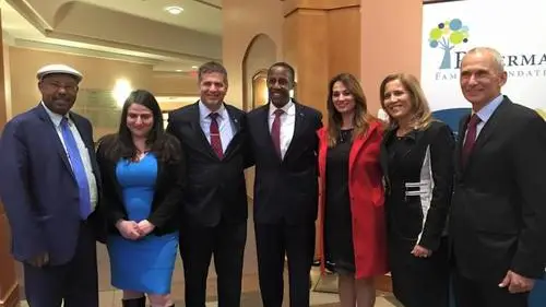 Pictured at the Ruderman Family Foundation's recent Boston-area town hall event are six Israeli Members of Knesset (MKs) and a local mayor, from left to right: MK Dr. Avraham Neguise (Likud), MK Michal Biran (Zionist Union), MK Yoav Kisch (Likud), Newton (Massachusetts) Mayor Setti Warren, MK Dr. Yifat Shasha-Biton (Kulanu), MK Dr. Aliza Lavie (Yesh Atid), and MK Omer Bar-Lev (Zionist Union). Credit: Ruderman Family Foundation.