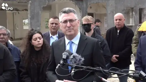 Israeli Foreign Minister Gideon Sa’ar makes a statement to the international media from the site of the Iranian missile strike in Zarzir, March 15, 2026. Credit: GPO.