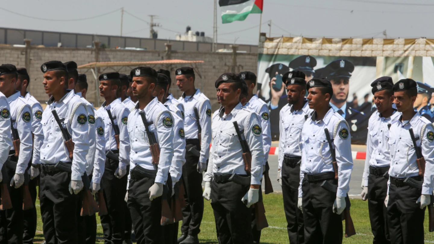 Palestinian security forces loyal to Hamas take part in a police graduation ceremony in Khan Yunis in the southern Gaza Strip on June 30, 2022. Photo by Abed Rahim Khatib/Flash90.