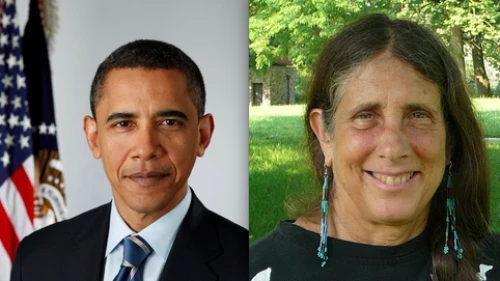 U.S. President Barack Obama and Rabbi Lynn Gottlieb of the Jewish Renewal Movement. Gottlieb, who once dialogued with Ahmadinejad and is an advisory board member of the pro-BDS group Jewish Voice for Peace (JVP), is on the new "Rabbis for Obama" list endorsing the president. Credit: White House and Jewish Virtual Library.