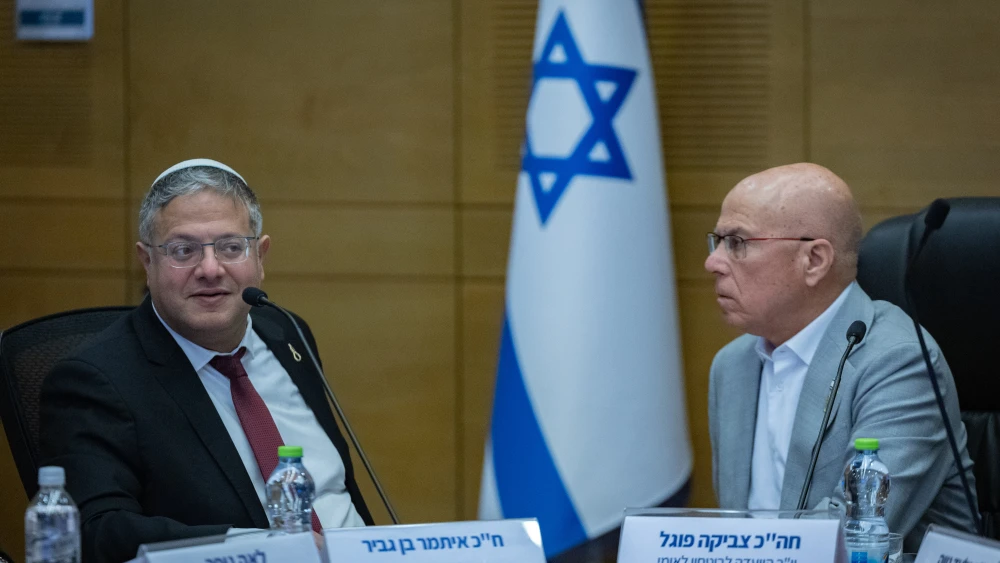 National Security Minister Itamar Ben Gvir and committee head MK Zvika Fogel attend a National Security committee meeting at the Knesset, the Israeli parliament on March 24, 2026. Photo by Yonatan Sindel/Flash90.