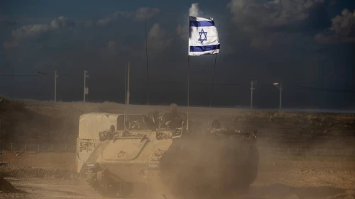 A convoy of military vehicles seen near the Israeli border with the Gaza Strip on Oct. 15, 2023. Photo by Oren Ben Hakoon/Flash90.