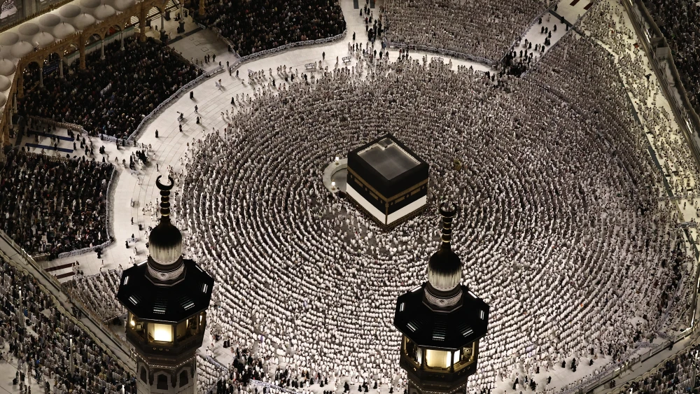 Aerial view of the Grand Mosque complex in Mecca, as Muslims perform the evening prayer around the Kaaba, Islam's holiest shrine, on May 24, 2026, ahead of the annual Hajj pilgrimage. Photo by Zain Jaafar/AFP via Getty Images.