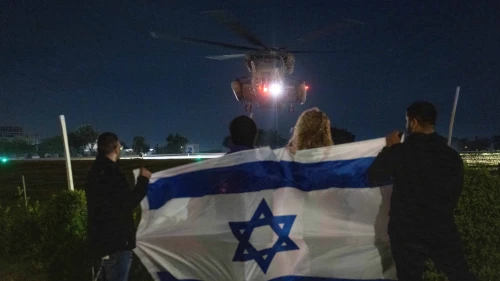 An Israeli Air Force helicopter with freed Israeli hostages arrives at Sheba Medical Center in Ramat Gan, on Nov. 28, 2023. Photo by Chaim Goldberg/Flash90.