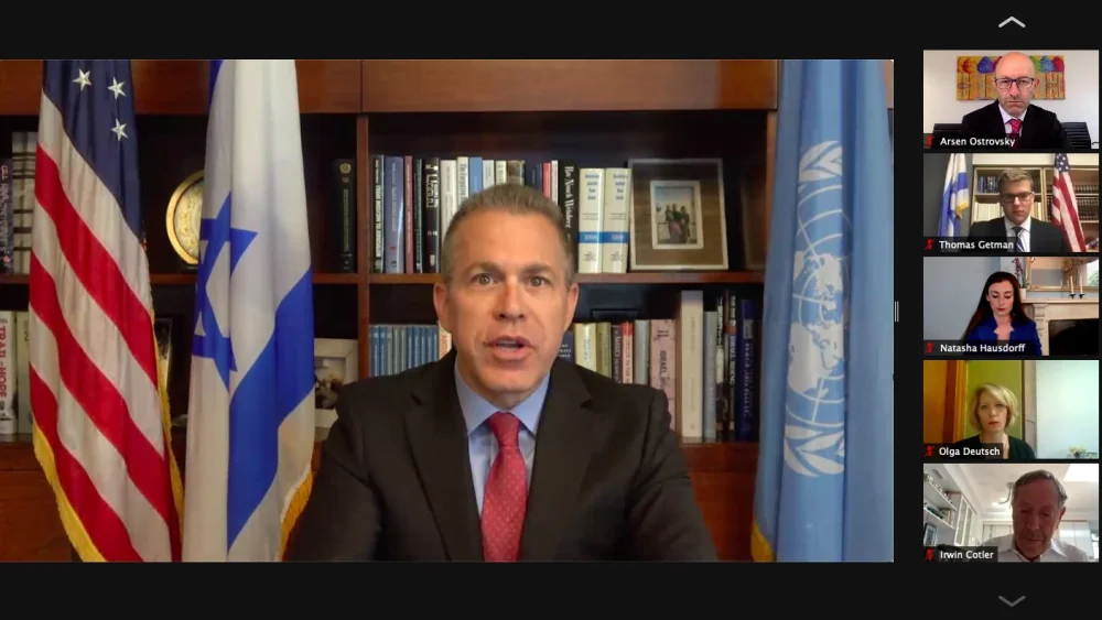 Israeli Ambassador to the United Nations Gilad Erdan speaks at a webinar, “A Festival of Hate: How to Defeat the Durban Strategy—A Primary Vector of 21st Century Anti-Semitism,” Aug. 3, 2021. Source: Twitter.