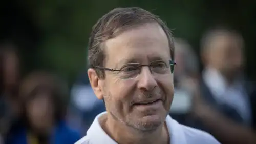 Israeli President Isaac Herzog welcomes guests to the President's Residence in Jerusalem during the Jewish holiday of Sukkot, Oct. 3, 2023. Photo by Chaim Goldberg/Flash90.