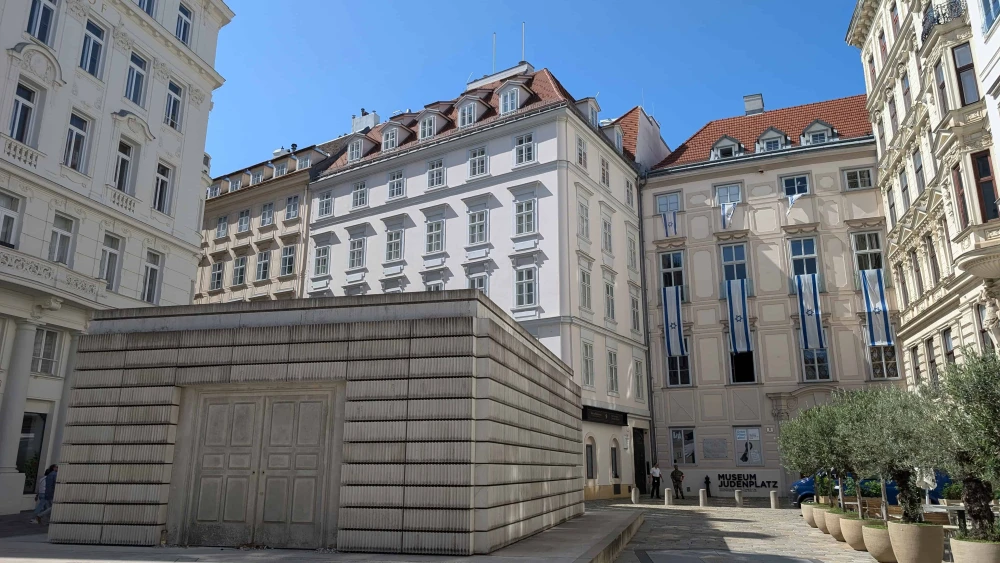 Judenplatz, the town square in Vienna's Innere Stadt that was the center of Jewish life in the Middle Ages. The Memorial to the Austrian Jewish Victims of the Shoah is seen in the Vienna, Austria, Aug. 25, 2024. Photo by Michal Eliasy Marks.