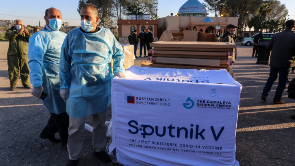 A shipment of the Russian Sputnik V COVID-19 vaccine sent by the United Arab Emirates arrives in the Gaza Strip, on Feb. 21, 2021. Photo by Abed Rahim Khatib/Flash90.