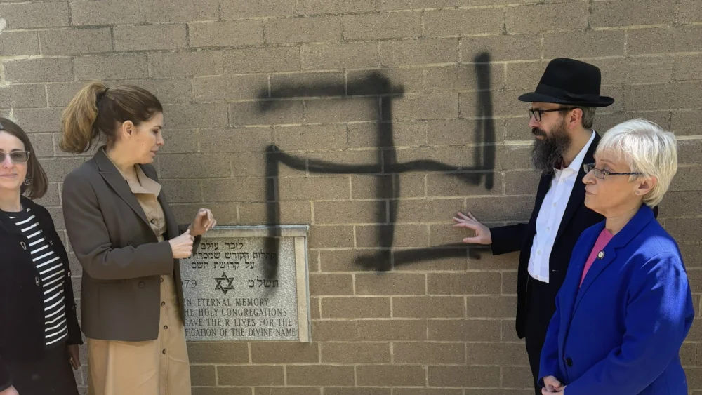 NYC Council Speaker Julie Menin visits Congregation Machane Chodosh with city council members Lynn Schulman and Phil Wong (not pictured) after the synagogue was vandalized with antisemitic graffiti, in the Forest Hills neighborhood of Queens in New York City, May 4, 2026. Credit: Office of NYC Council Speaker Julie Menin.
