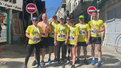 British diplomats participate in the "Palestine Marathon" wearing t-shirts featuring a map of “Palestine” extending from the Jordan River to the Mediterranean Sea, effectively wiping out Israel, March 10, 2023. Source: Twitter.