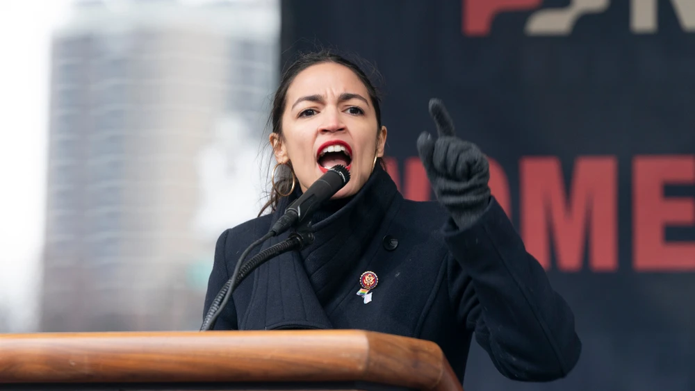 Rep. Alexandria Ocasio-Cortez (D-N.Y.) speaks during a Women's Unity Rally at Foley Square in New York City attended by hundreds of people in 2019. Credit: Lev Radin/Shutterstock.