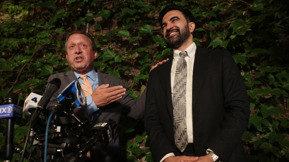 Democratic congressional candidate Brad Lander takes the stage with New York City Mayor Zohran Mamdani after winning the 10th District Democratic primary on June 23, 2026, in the Brooklyn borough of New York City. Photo by Spencer Platt/Getty Images.