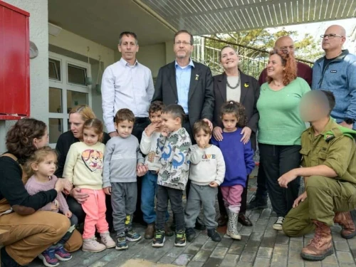 Israeli President Isaac Herzog during the reopening of a kindergarten hit by a Hezbollah missile, in the border community of Kibbutz Manara, Jan. 8, 2026. Photo by Ma'ayan Toaf/GPO.