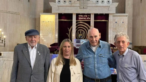 (Left to right): Walter Bingham, Revital Yakin Krakovsky, CEO of March of the Living Israel, George Shefi and Paul Alexander outside the Great Synagogue in Jerusalem, Nov. 9, 2025. Credit: March of the Living.