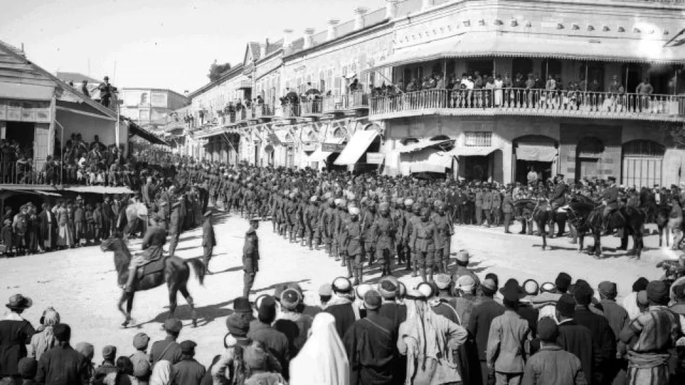 Indian forces marching into Jerusalem, 1917. Field Marshal Allenby reviews the troops.
