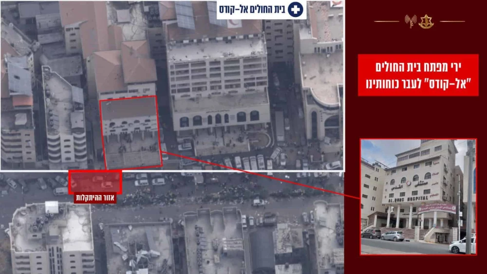 An aerial image of Hamas terrorists firing at Israeli forces from the entrance to Al-Quds Hospital in Gaza City, Nov. 13, 2023. Credit: IDF.