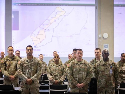 US troops at the Civil-Military Coordination Center in Kiryat Gat during Secretary of State Marco Rubio's visit on Oct. 24, 2025. Photo by Olivier Fitoussi/POOL.