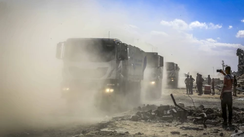 Aid supplies entering Khan Yunis, the southern Gaza Strip, from Israel through the Kerem Shalom Crossing on Oct. 15, 2025. Photo by Abed Rahim Khatib/Flash90.