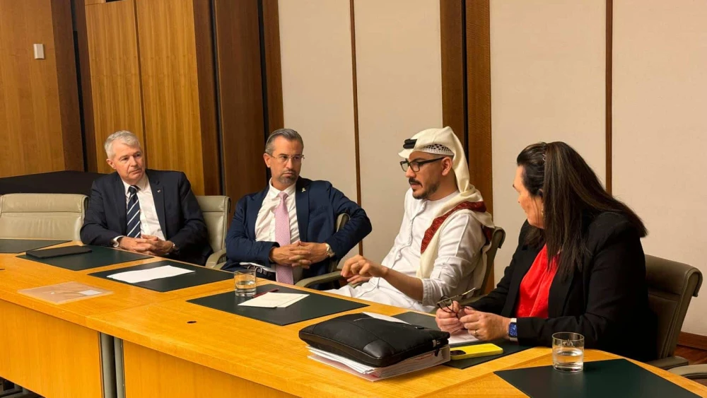 Jewish businessman Eitan Neishlos (second from left) and Emirati strategist Amjad Tahad (second from right) meet with Australian Israel Parliamentary Group Senators Debra O'Neill and David Fawcett in Canberra, Australia, Nov. 5, 2024. Credit: Courtesy.