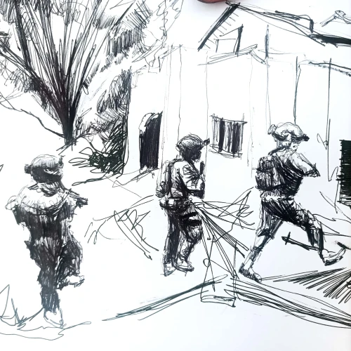 Israeli soldiers entering what may be a booby-trapped house. Sketch by IDF reservist Sam Griffin.