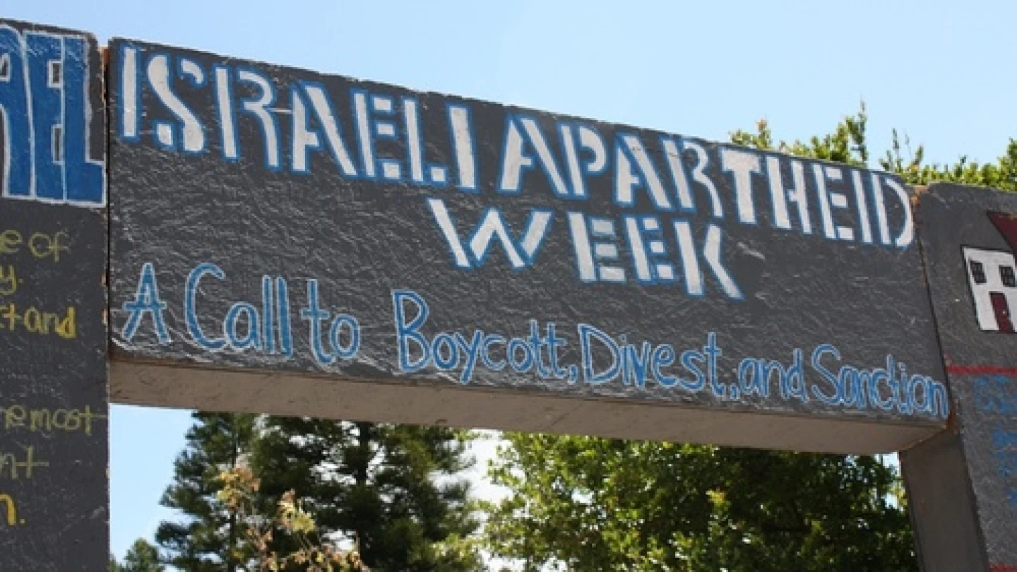 A sign for "Israeli Apartheid Week," the annual international anti-Israel showcase, on the campus of the University of California, Irvine, in May 2010. Credit: AMCHA Initiative.