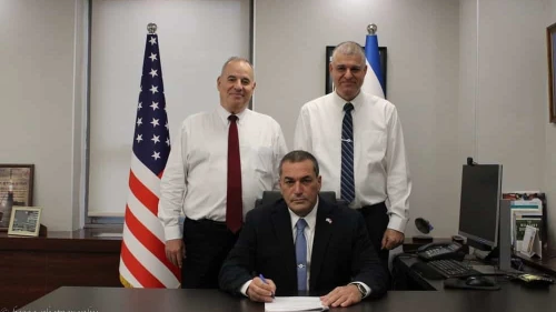 Director General of the IMOD, Maj. Gen. (res.) Eyal Zamir (c), Head of the IMOD’s Mission to the U.S., Aviram Hasson (r), and Senior Deputy Head of the Mission, Offer Zavatzky, Nov. 6, 2024. Credit: Media and Public Affairs Bureau/Israel Ministry of Defense.