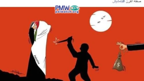 The text under the man holding the knife reads: "The participants in the Bahrain conference." This cartoon was posted on the official Fatah Facebook page on June 23, 2019. Credit: PMW.
