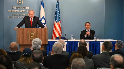Israeli Prime Minister Benjamin Netanyahu addresses AIPAC board members at his office in Jerusalem, March 18, 2024. Photo by Ma'ayan Toaff/GPO.