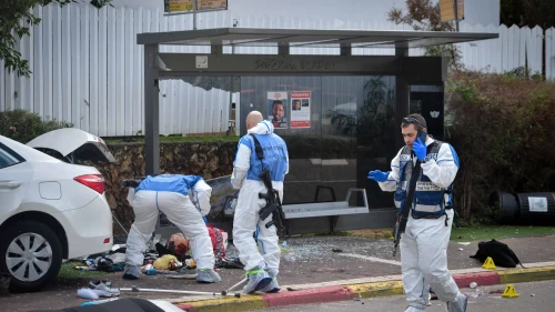 The scene of a terrorist attack in Ra'anana, north of Tel Aviv, Jan. 15, 2024. Photo by Avshalom Sassoni/Flash90.