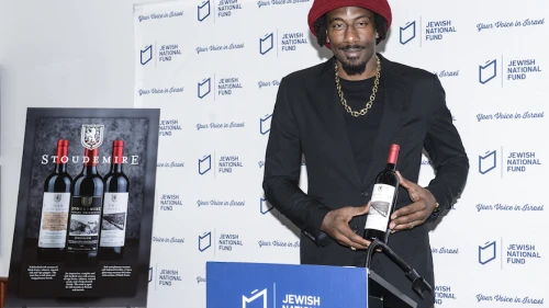 Former NBA star Amar’e Stoudemire showing off his new line of kosher-for-Passover Israeli wines. Credit: Jewish National Fund-USA.