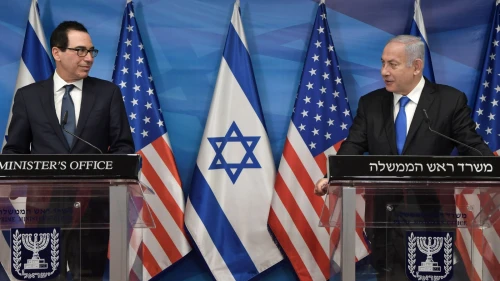 Israeli Prime Minister Benjamin Netanyahu with U.S. Secretary of State Steve Mnuchin in Jerusalem on Jan. 7, 2020. Credit: GPO.
