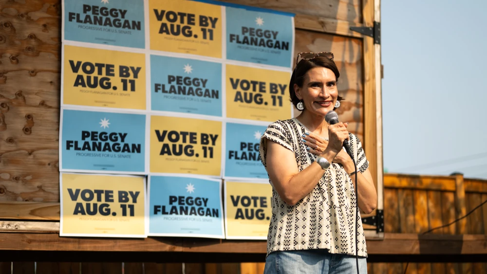 Democratic candidate for U.S. Senate, Minnesota Lt. Gov. Peggy Flanagan, speaks during a volunteer appreciation event at Black Heart of Saint Paul in St. Paul, Minnesota on August 8, 2026. Photo by Stephen Maturen/Getty Images.