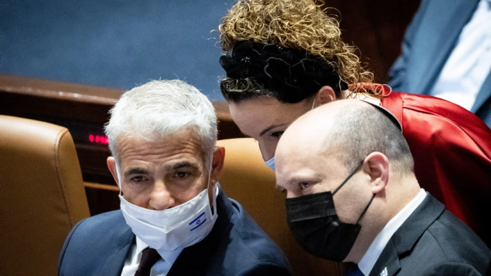 Israeli Prime Minister Naftali Bennett with Foreign Minister Yair Lapid and Knesset member Idit Silman in the Knesset assembly hall, Jan. 5, 2022. Photo by Yonatan Sindel/Flash90.