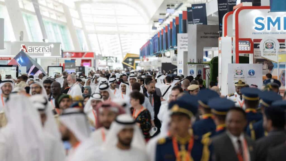 Guests visit the main floor of the IDEX defense show in Abu Dhabi, the United Arab Emirates, in February 2023. Photo courtesy of IDEX.