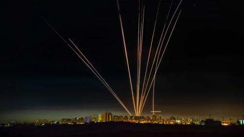 A long-exposure picture showing Israel's Iron Dome anti-missile system firing interceptors at rockets fired from the Gaza Strip, as seen from Ashdod, May 15, 2021. Photo by Avi Roccah/Flash90.