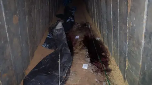 Blood stains in the tunnel in Rafah, southern Gaza, where the bodies of six murdered hostages were found by Israeli forces on Aug. 31, 2024. Credit: IDF.