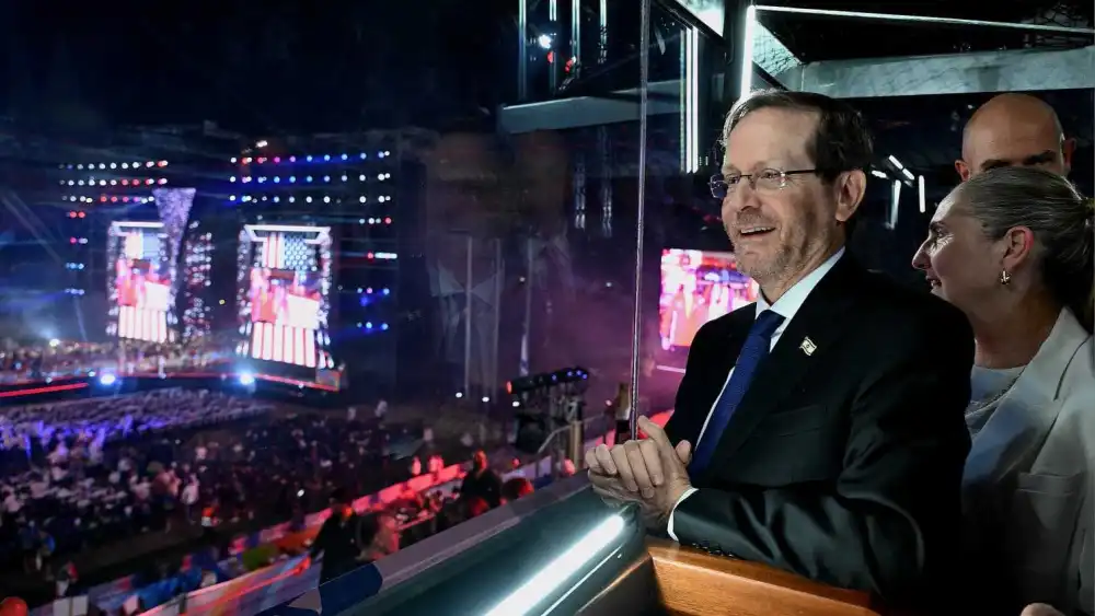Israeli President Isaac Herzog and his spouse, Michal, at the opening ceremony of the 22nd Maccabiah Games in Jerusalem, on July 1, 2026. Credit: Haim Zach/GPO.