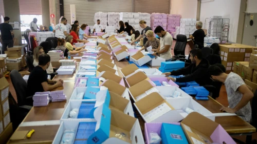 Workers at the Central Elections Committee warehouse in Shoham prepare ballot boxes for Israel's Nov. 1 national election, Oct.12, 2022. Photo by Yonatan Sindel/Flash90.