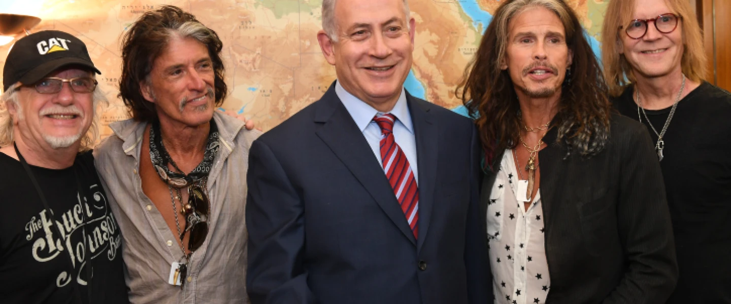 Israeli Prime Minister Benjamin Netanyahu meets with members of the rock band Aerosmith at the Prime Minister's Office in Jerusalem on May 18, 2017. Photo by Kobi Gideon/GPO.
