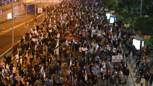 Thousands of Israelis rally in Tel Aviv against the government's proposed judicial reforms, Jan. 21, 2023. Photo by Gili Yaari/Flash90.