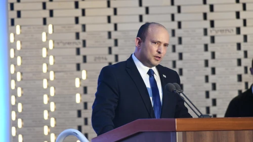 Israeli Prime Minister Naftali Bennett delivers an address at a memorial ceremony at Mount Herzl in Jerusalem for the IDF soldiers who fell in 2014's "Operation Protective Edge," June 20, 2021. Photo by Amos Ben-Gershom/GPO.