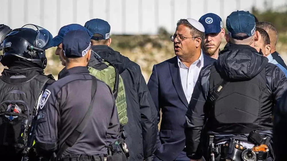 National Security Minister Itamar Ben-Gvir with police at the site of a terrorist attack in Jerusalem in 2023. Photo by Oren Ben Hakoon.
