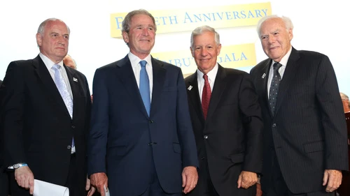 From left: Conference of Presidents executive vice chairman Malcolm Hoenlein, former U.S. President George W. Bush, Conference of Presidents chairman Robert G. Sugarman and Conference of Presidents past chairman Melvin Salberg at the 50th anniversary tribute gala for the Conference of Presidents on Tuesday in New York. Credit: ©Michael Priest Photography.