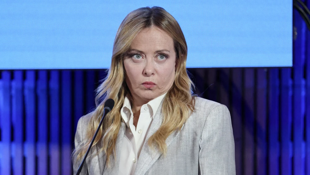 Italy's Prime Minister Giorgia Meloni looks on as she attends a press conference after work sessions at the MED9 summit in Split, Oct. 7, 2026. Photo by Ludovic Marin/AFP via Getty Images.