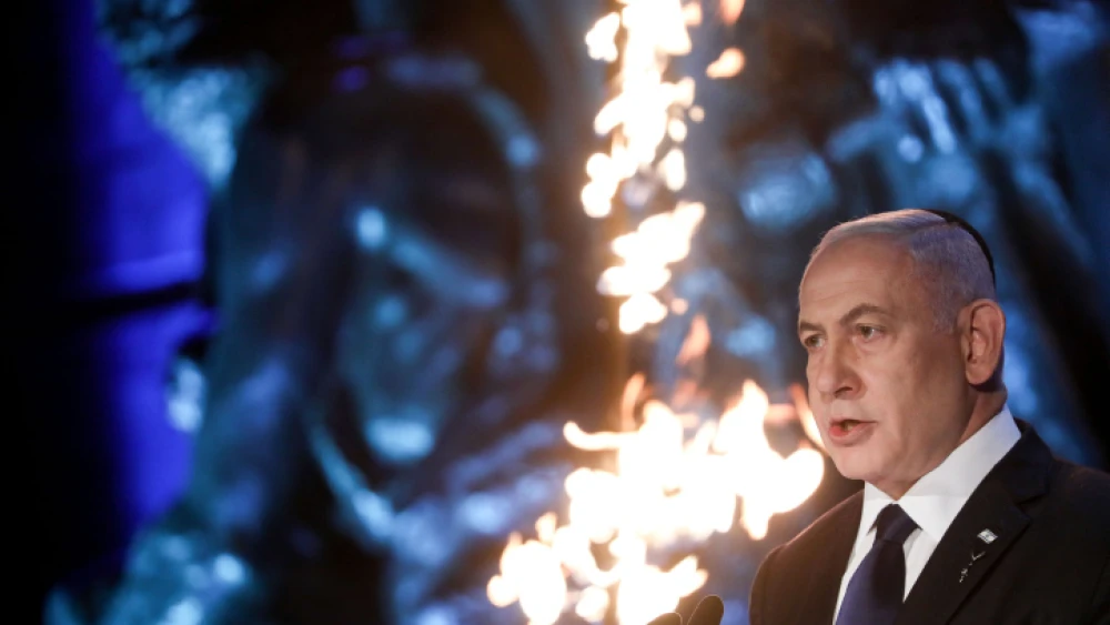 Israeli Prime Minister Benjamin Netanyahu speaks during a ceremony at the Yad Vashem Holocaust Memorial Museum in Jerusalem on April 7, 2021. Photo by Olivier Fitoussi/Flash90.