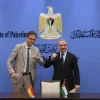Oliver Owcza (left), Berlin’s representative to Ramallah, with then-P.A. Prime Minister Mohammed Shtayyeh. Source: PA Prime Minister's Office/X.