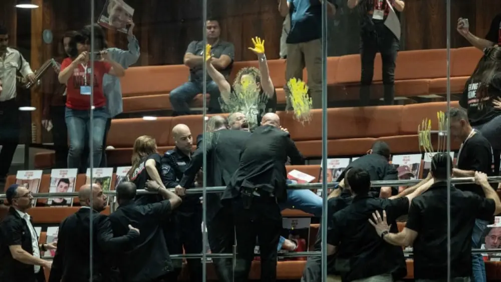 Families of Israelis held hostage in Gaza protest in the Knesset Plenum Hall in Jerusalem, April 3, 2024. Photo by Yonatan Sindel/Flash90.