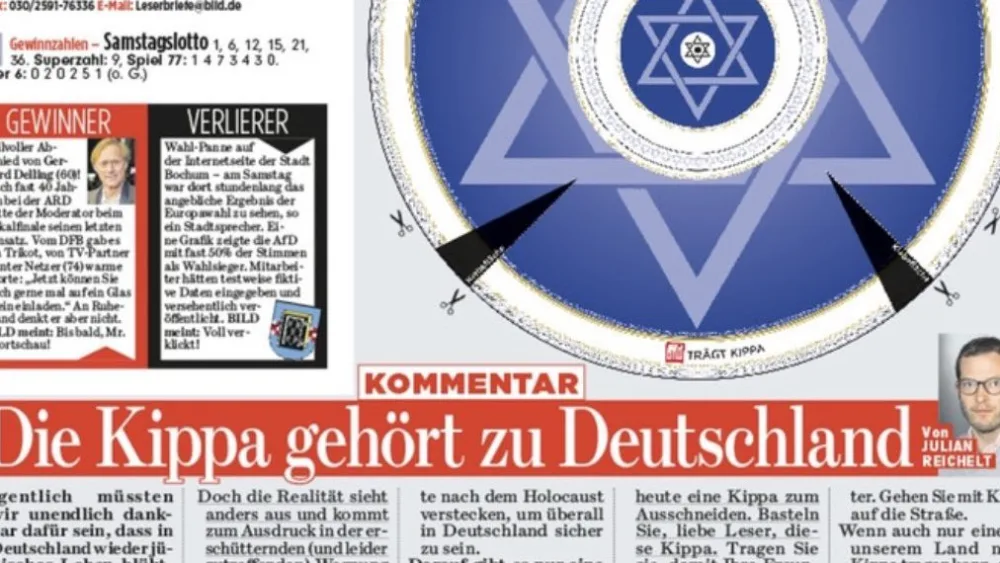 The "Bild" cut-out “kipah,” which appeared on the front page of the paper on May 27, 2019. Credit: Screenshot.